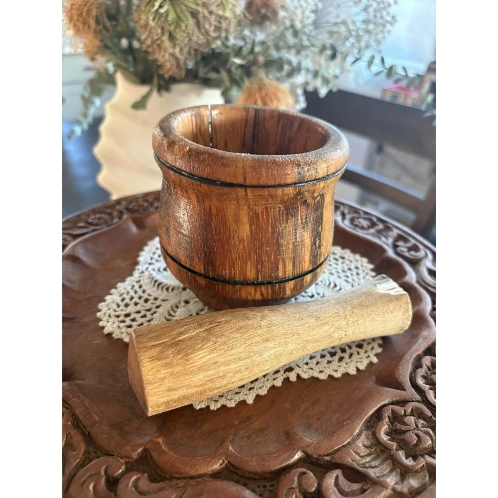 Vintage Handmade Wooden Mortar and Pestle Set - Solid Wood Herb & Spice Grinder